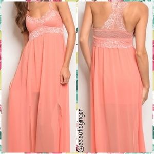 Coral pink sleeveless lace V neck flowy maxi dress Small S Medium M
